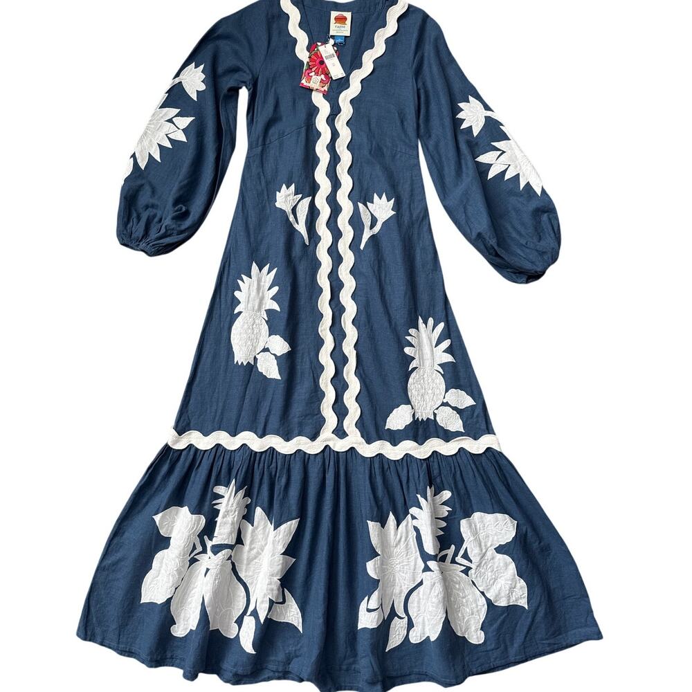 Farm Rio Flounce Blue & White Embroidered Linen-Blend Maxi Dress Pockets Size XS - Picture 9 of 14